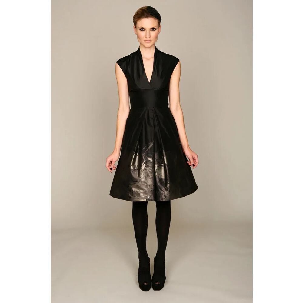 Monique Lhuillier black satin cocktail dress floral burnout design at Bottom